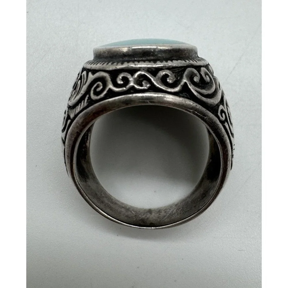 Southwestern 925 Silver Vintage Engraved Cigar Band Turquoise Inlay Ring Sz 8